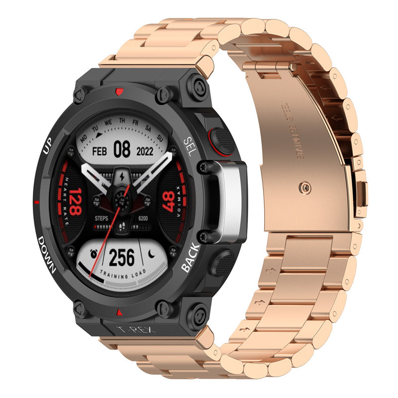 For Huami Amazfit T-Rex 2 Smart Watch Band Three-bead Stainless Steel Wrist Strap with Foldable Buckle For Huami Amazfit T-Rex 2 Smart Watch Band Three-bead Stainless Steel Wrist Strap with Foldable Buckle